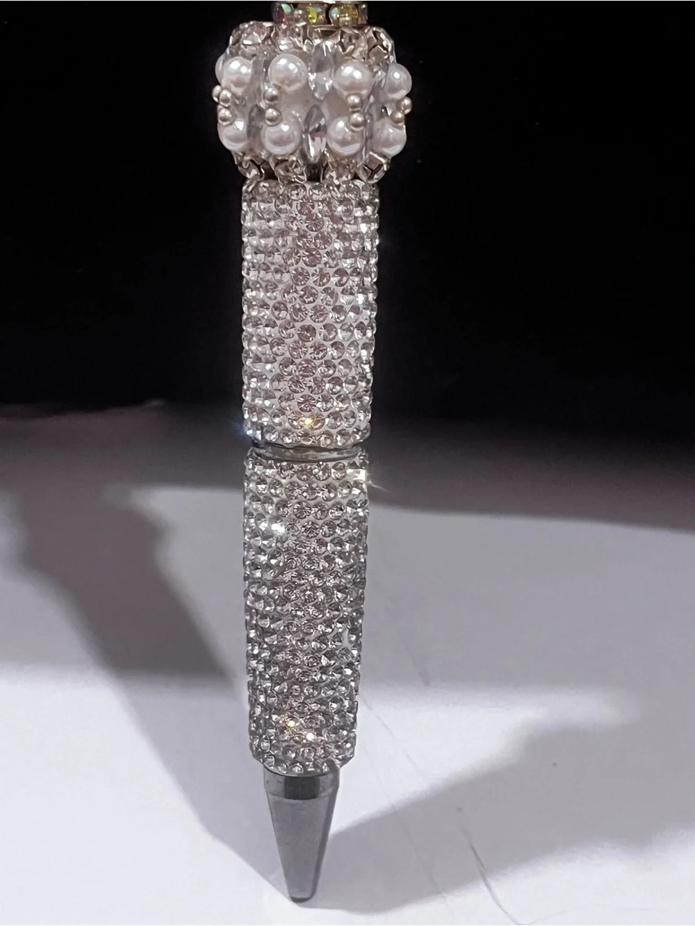 Designer inspired ultra luxe Silver Crystal & Pearl Logo focal fancy beaded pen